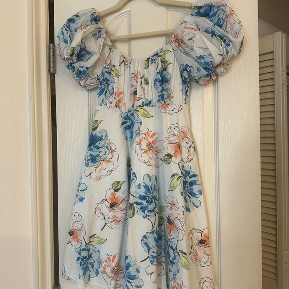 Abercrombie & Fitch Dresses & Skirts - Abercrombie Emerson Poplin Puff Sleeve Mini Dress | White, Blue & Pink | X-Small